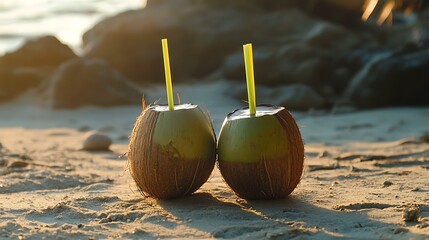 Two green coconuts with straws on beach holiday tropical coconut milk