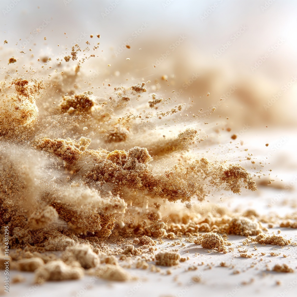 Poster whirlwind of crumbly goodness: a moment captured in exploding brown particles suspended in light and