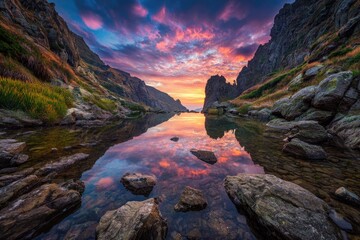 Mountain lake at sunrise, vibrant colors reflecting