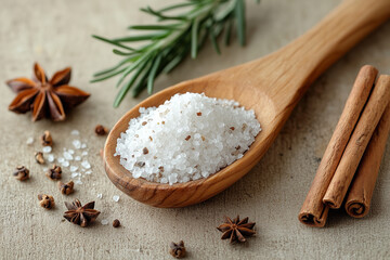  of natural ingredients featuring coarse sea salt in a wooden spoon,ideal for “organic product branding”, “culinary blog visuals”, or “herbal remedy promotions”.