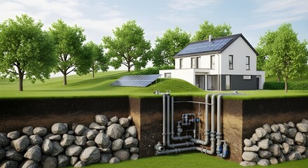 Geothermal Heating System Diagram | Energy Efficient House with Underground Piping and Heat Pump for Sustainable Living