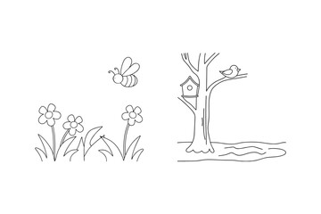 Obraz premium Bee flying near flowers and bird on tree with birdhouse