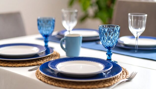 Blue dinnerware on a white table
