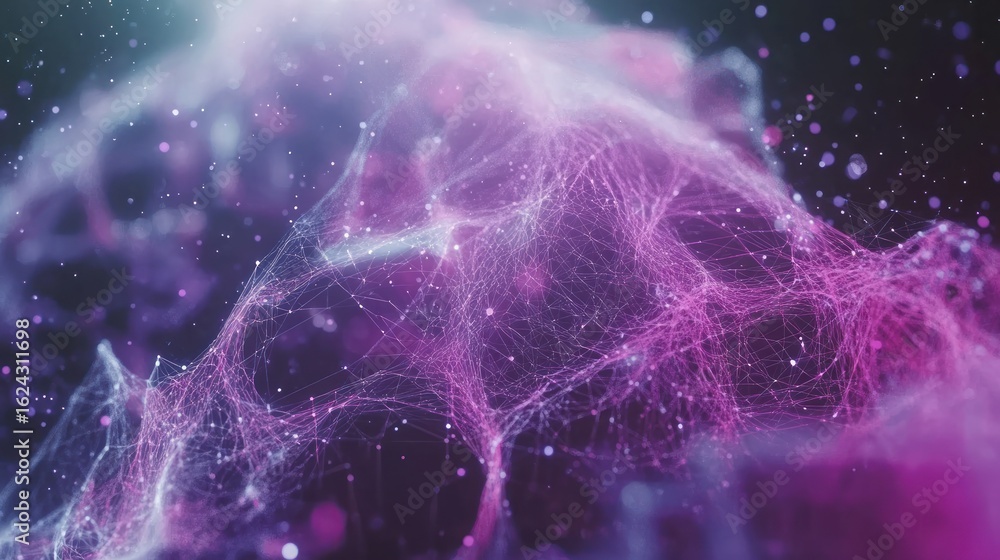 Poster abstract neural network connection in pink and purple with digital light effects