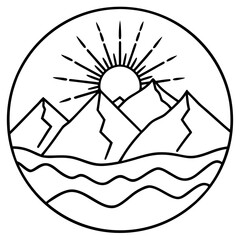 Mountain Range with Rising Sun – Line Art Vector