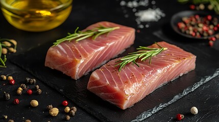 Two grilled tuna steak with rosemary and spices