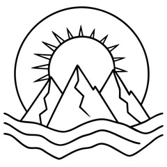 Mountain Range with Rising Sun – Line Art Vector