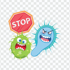 Angry Cartoon Germs with Stop Sign for Virus Prevention and Health Awareness on Transparent Background