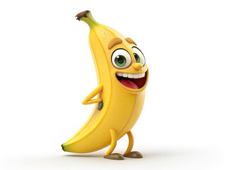 3D cheerful banana mascot cartoon with a big smile and waving hand, isolated on white background.