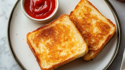 Two hash browns buttered golden bread toast and tomato ketchup