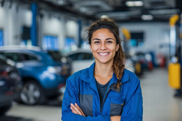 Smiling female mechanic in auto shop, wearing work clothes with cars and equipment in the background.