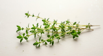 Ethereal cluster of fresh thyme stems, a fragrant herb with tiny green leaves, presented on a minimalist white surface.