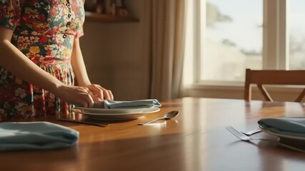 Woman setting a dining table with blue napkins and plates in a sunlit home environment