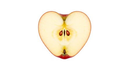 A perfect, bright red heart shape cut out from a fresh apple slice. The image symbolizes health, love for a healthy lifestyle, and well-being. Isolated on a clean white background.