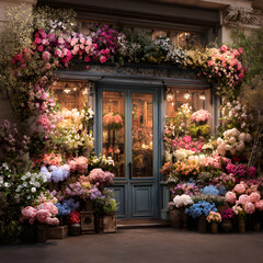 Naklejka premium Charming Flower-Decorated Boutique: Blooming Elegance and Stylish Appeal in One Enchanting Storefront