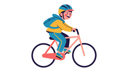 Fototapeta premium A happy boy with a backpack rides a bicycle wearing a helmet. Vector character illustration.