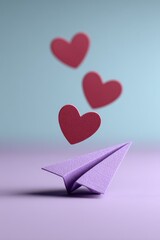 Delicate paper airplane gliding through a whimsical atmosphere of floating hearts above a soft purple floor