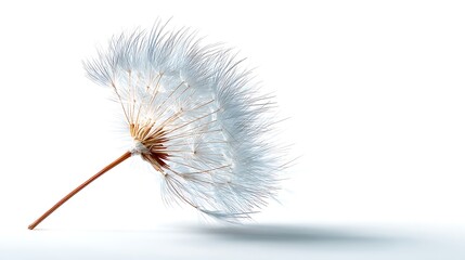 A hyper-detailed macro shot of a single dandelion seed with its delicate pappus, appearing to float in the air. The image conveys fragility, hope, and new beginnings. Isolated on a pure white backgrou