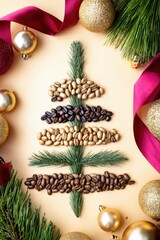 Creative coffee bean Christmas tree arrangement with festive decorations on a light background. Christmas and New Year. Winter Wonderland