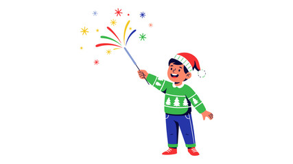 A happy boy in a Santa hat celebrating the holidays with a colorful magic sparkler