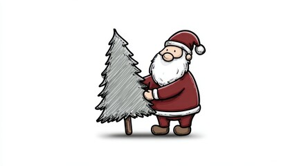 Cheerful Santa Claus joyfully presenting a vibrant green Christmas tree in a festive winter wonderland setting. Christmas and New Year. Winter Wonderland