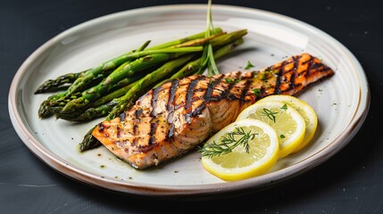 Grilled Salmon Fillets with Steamed Asparagus & Lemon Slices &ndash; Fresh, Healthy Seafood Dish for Nutritious Meals, Light Dinners, and Clean - Eating Goals