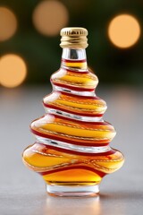 Unique glass Christmas tree bottle filled with amber liquid, perfect for adding a festive touch to holiday celebrations. Christmas and New Year. Winter Wonderland