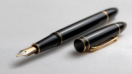 A single, elegant black fountain pen, uncapped, with its gold nib resting on a clean white surface.