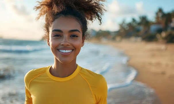 Close-up happy candid young Black woman running outdoors in nature, representing wellness and fitness through exercise in a natural environment, Generative AI - Powered by Adobe