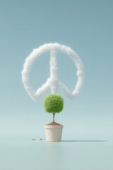 Surreal digital illustration of a whimsical tree with a cloud formation symbolizing peace above it. International Day for the Total Elimination of Nuclear Weapons