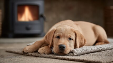 Cozy moments captured with a resting puppy by a warm fire in a rustic home setting. National Pet Carbon Monoxide (CO) Safety Day