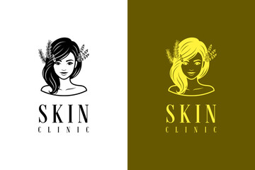 illustration of woman with smile and herbal leaves resting on hair, vector logo for skin care, hair treatment, skin specialist, cosmetics brand, skin wellness, skin clinic, and more