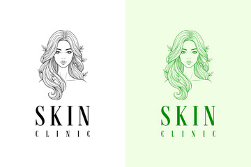 woman with long wavy hair and botanical leaves vector illustration, logo for luxury facial spa, herbal, skin specialist, hair treatment, cosmetics brand, skin clinic, dermatologist, and more