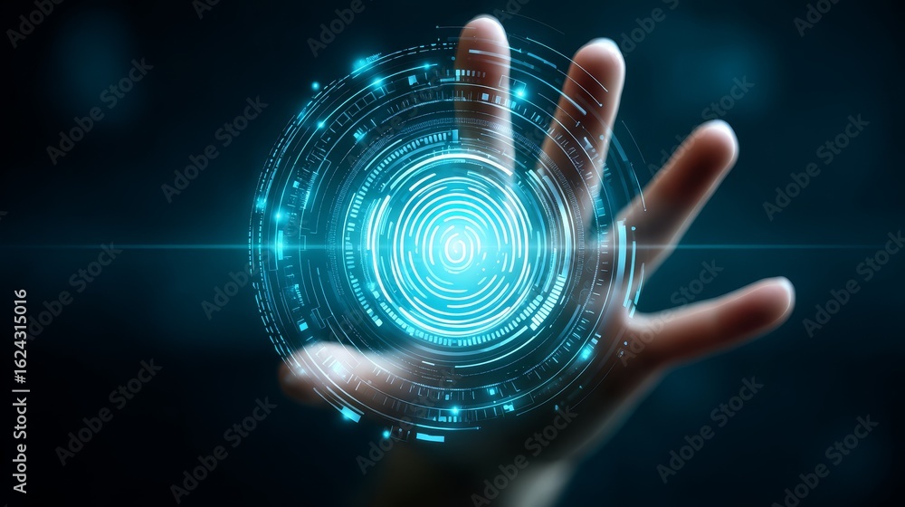 Poster hand navigating futuristic interface, interactive technology and blue circle display