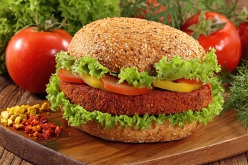 Close-up of a hearty veggie burger on a seeded bun.  Fresh toppings and vegetables surround it