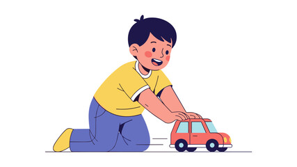 Happy young boy kneeling on the floor playing with a small red toy car illustration