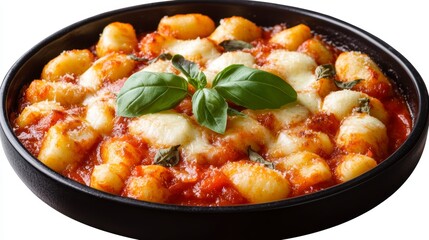 Delicious gnocchi with tomato sauce and mozzarella cheese, garnished with fresh basil in a black bowl.