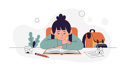 Sad student feeling stress and exhaustion from homework. Modern vector illustration.