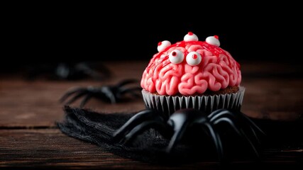 A scary Halloween cupcake decorated like a brain with eyes on top, placed on a black spider-shaped stand. - Powered by Adobe