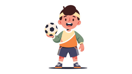 Young soccer player character holding a ball. Happy cartoon kid illustration for sports themes.