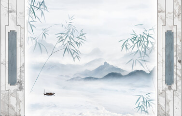 Serene Zen Garden Painting: Evoking a sense of peace and harmony, this beautiful painting depicts a tranquil scene with bamboo and mountains. The misty atmosphere and a boat add a layer of mystery.