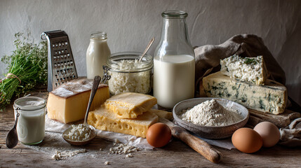 Fototapeta premium Rustic dairy products display with milk, cheese, eggs, and flour on a wooden table, perfect for food photography