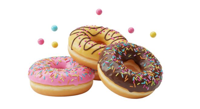 Three donuts with colorful sprinkles arranged on top of each other isolated PNG with Transparent Background