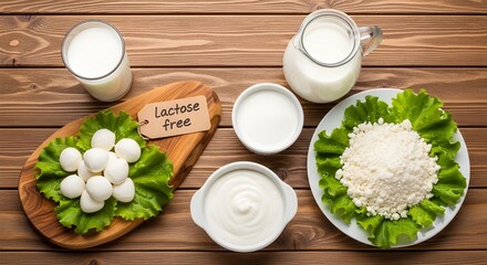 Lactose Free Dairy Products Still Life | Mozzarella, Milk, Sour Cream, Cottage Cheese Arrangement for Healthy Eating and Dietary Concepts