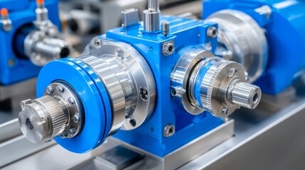 Intricate machinery closeup, a detailed view of blue valves and complex industrial system