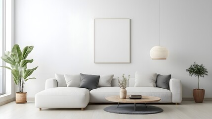 Modern Minimalist Living Room with White Couch and Wooden Coffee Table