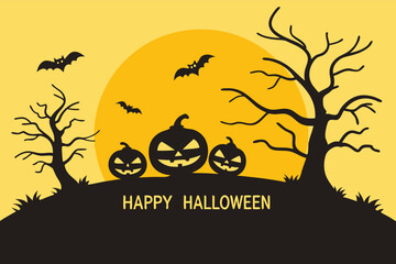 Vector art of happy halloween pumpkins and bats flying in the night of full moon