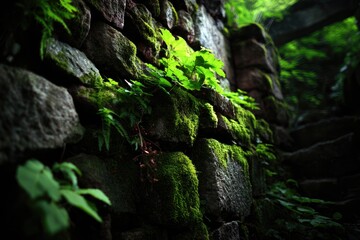 Fototapeta premium Moss-covered stone wall with greenery and steps