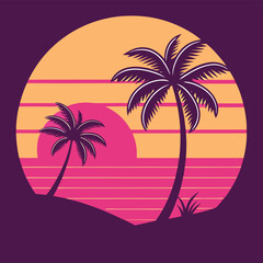 Naklejka premium Vector art of retro sunset with palm trees on a tropical beach in vintage style