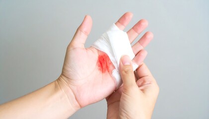 Close-up of a bleeding hand wound. First aid concept with a person treating a minor injury on their palm with a bloody tissue.